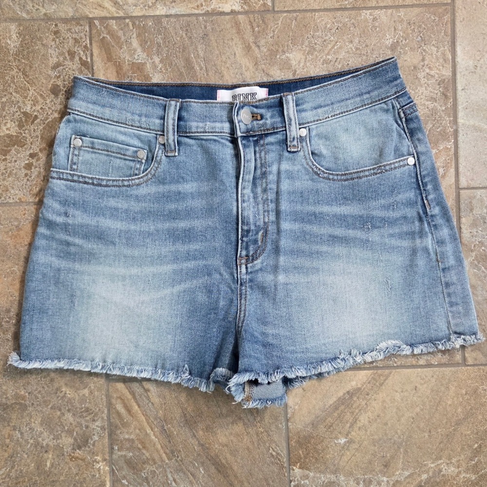PINK Victoria's Secret Denim Shorts Light Wash Frayed Hem High Rise Size 8
